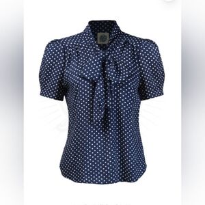 Vintage Inspired 1940's Reproduction Navy Polka-dot Bow Blouse UK18 US14 XXL